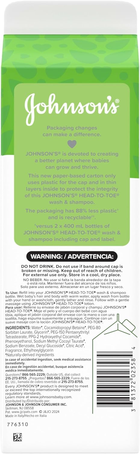 33.8 oz Johnson's Baby Head-To-Toe Gentle Baby Body Wash & Shampoo, Tear-Free & Hypoallergenic Baby Body Wash & Shampoo