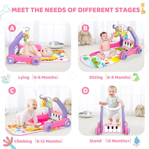 4-in-1 Tummy 0-3-6-9-12 Baby Gym Play Mat with Learning Walker, Time Mat & Baby Push Toys for Newborn Infant Month Boy