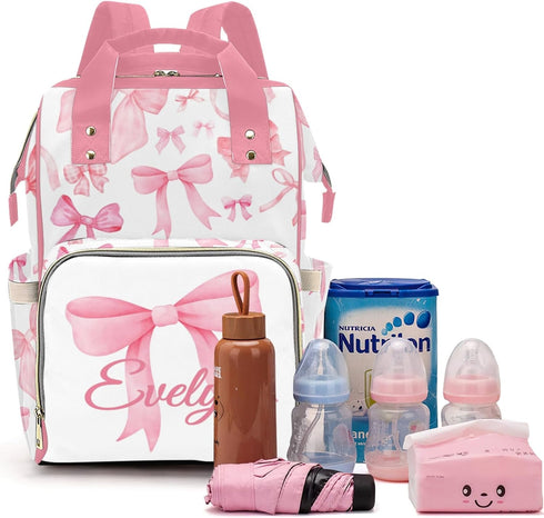 Perarts Backpack Pink Bow Personalized Diaper Bag for Baby Boy with Name, Custom Nappy Nursing Bag for Moms Dads