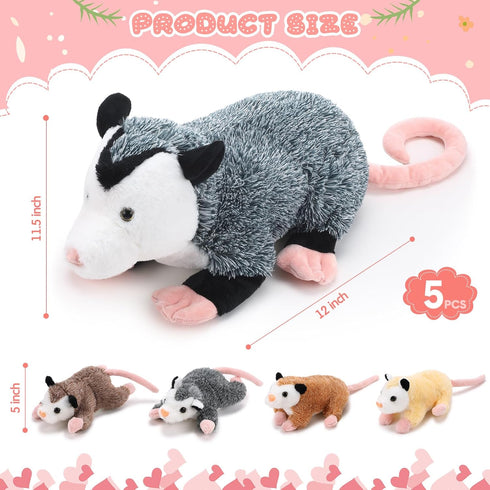 5 Pcs Stuffed Opossum Plush Toy Set, 1 Mommy Opossum with 4 Cute Baby Opossums, Gift for Opossum Lovers