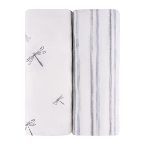 Set Changing Pad Cover and Crib Sheet Bundle (Blue Dragonflies + Stripes Print)