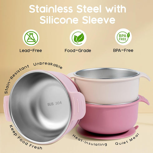 3 Pack, 4.3 Bellas Friends Stainless Steel and Silicone Baby Bowls with Suction for Toddlers Kids Feeding, Non-Slip