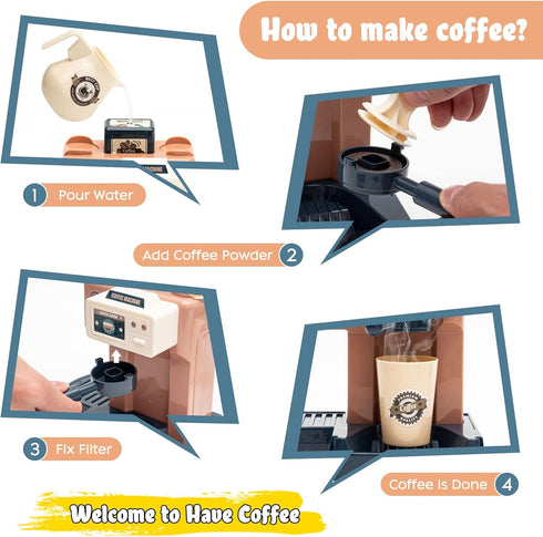 Jomifin Playset 41 Pretend Play Coffee Shop PCS with Coffee Maker Machine, Sound Cash Register and Dessert Bakery