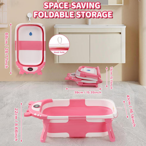 0-36 Baby Bathtub,Collapsible Baby Bath Tub with Thermometer & Soft Floating Cushion,Portable Travel Baby Bathtubs