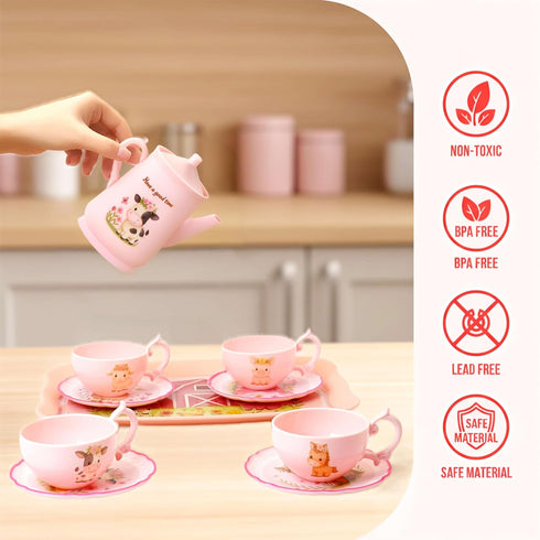 Set 47PCS Sets 3-5 Lajeje Pink Barn Tea Party for Little Girls, Farm Animal Pretend Play Tea Time Kit, Tea for Toddlers