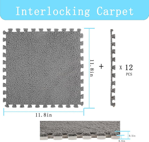 12 Interlocking Carpet Shaggy Soft EVA Foam Mats Fluffy Square Interlocking Carpet Tiles Protective Floor Tiles