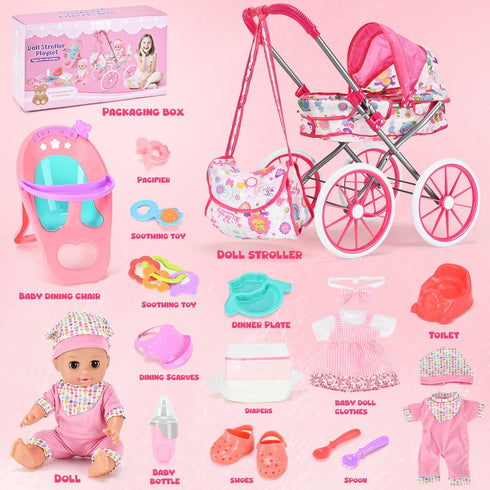 ALLROAD Set 12.5'' 2 3-5 4-6 5-7 Baby Doll Stroller Toy with Doll and Accessories- Doll Clothes, Diaper, Dining Chair