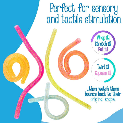 5 Pack Monkey Noodle Stretchy String, Glitter Sensory Fidget Toys (BPA/Phthalate/Latex-Free), Stretches from 12 Inches
