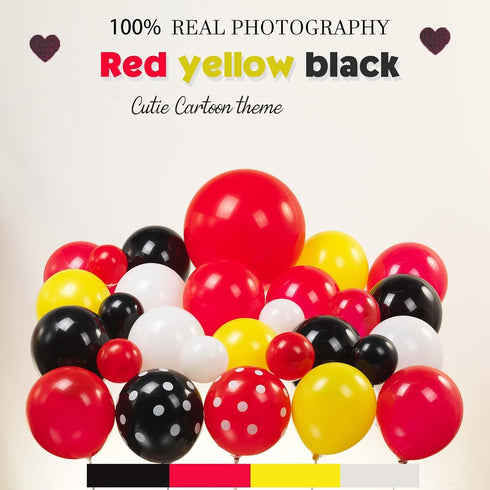 Cartoon Mouse Balloon Garland Kit 157pcs Black Red Yellow White balloons with Foil Starburst Cute dot balloons for kid Cartoon TV Video Game theme Racing car Birthday Decorations