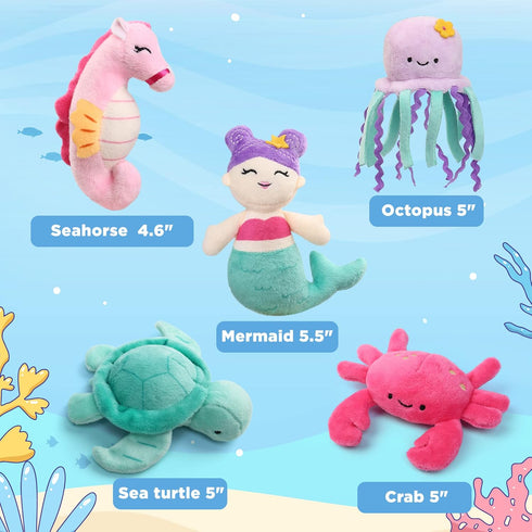 5 Pack Set, BenBen Ocean Stuffed Animal, Small Sea Creature Plush Toys and Shell Carrying Bag Cute Plushies for Baby