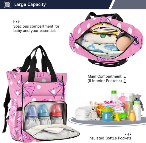Jihqo Backpack 10L Diaper Bag Pink Polka Dots Bows Travel Diaper Bags for Women, Functional Baby Changing Bag