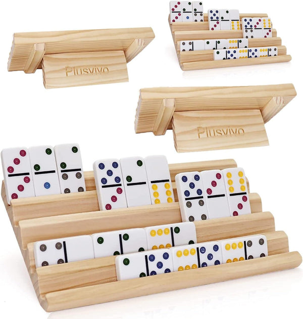 plusvivo Domino Racks with Stand Set of 4, Mexican Train Dominoes Set