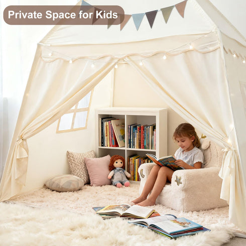 59x39x59in Cozy Large Kids Play Tent Indoor with Padded Mat Lights - Teepee Playhouse with Flags Storage Bag - Reading