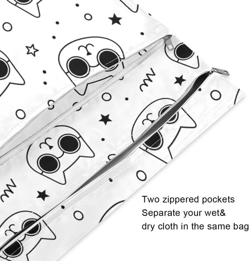 Burbuja 2 Pack, 2 Cats in Sunglasses Wet Dry Bags for Baby Cloth Diaper Waterproof Reusable Wet Bag with Zippered