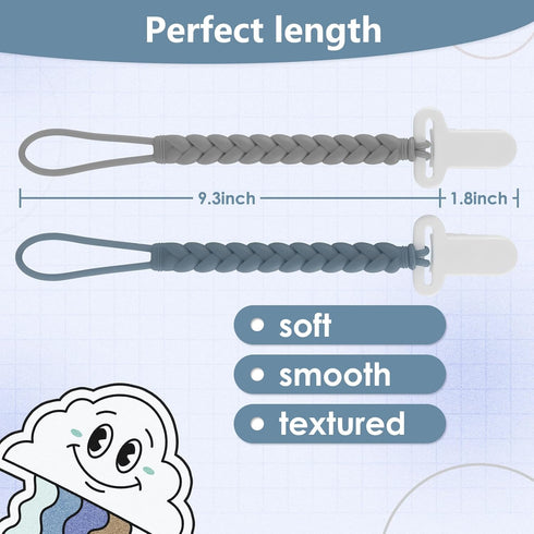 4-Pack Silicone Pacifier Clips with Woven Rope Shape, Flexible Holders for Baby Boys & Girls, Safe for Newborns (Grey)