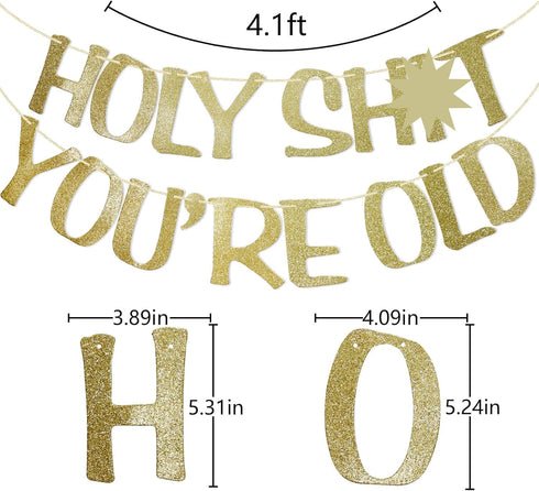 Holy You're Old Banner Gold Glitter for 30th to 90th Birthday, Funny Birthday Banner Sign Bunting Party Decor