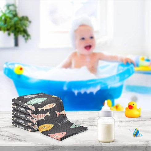 YETTASBIN 4 5 Pack Fish Muslin Baby Hand Washcloths, Soft Cotton Bath Face Towel, Layers Extra Absorbent Feeding Burp