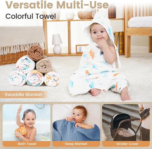 2 Pack 36x36 Inch 12x12 Inch Set Hooded Baby Towels for Newborn, Muslin Cotton Baby Bath Towel and Washcloth with Hood