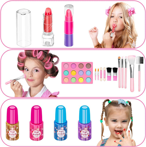 Hollyhi 58 Pcs Kids Makeup Kit for Girls, Real Washable Cosmetic Set with Mirror, Pink Birthday Gifts for Ages 3-12
