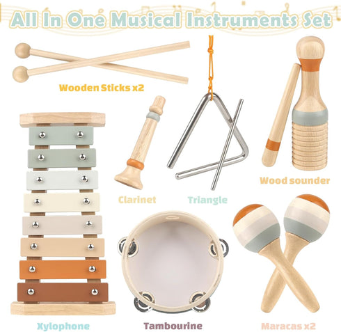 6 1 2 3 18+ Musical Instruments - in Wooden Musical Toys for Year Old Boy & Girls Birthday Gifts, Neutral Colors