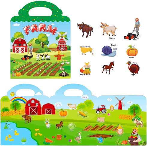 Reusable Sticker Books for Kids, Travel Removable Toddler Farm Sticker Books for 3-5 Year Old Birthday Gifts