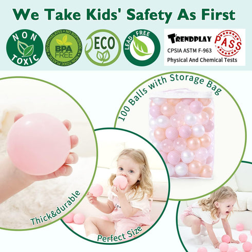 TRENDPLAY Pit Ball for Baby Toddlers Pet Fun Toys for Ball Pit Pool Playpen, Indoor Outdoor Play with Storage Bag, Pack of 100, Pink+Gold+White+Transparent