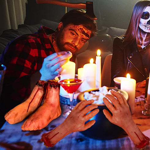 XONOR Halloween Fake Human Arm and Foot - Bloody Dead Body Parts Decorations, 4-Pieces (1 Pair Hands, 1 Pair Feet)