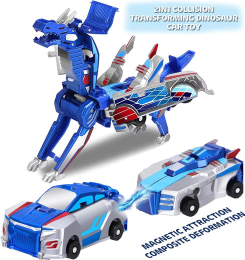TEZKIM Collision Transforming Dinosaur Car Toy, Magnetic Dinosaur Transformer Car for Boys & Girls Party Favors