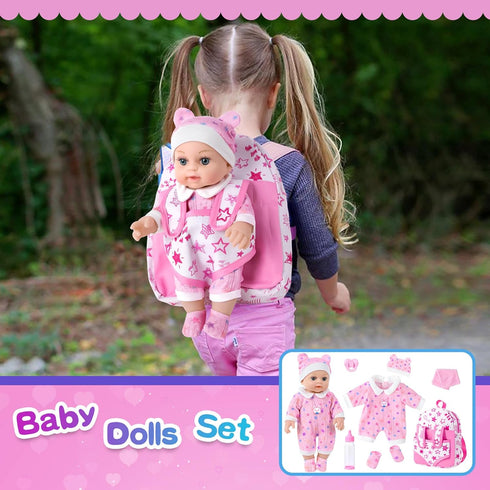 BDDOLL 12" Backpack, 3 Baby Doll in Gift Box with Pink Cloths, Feeding Bottle and Pacifier, First Baby Dolls