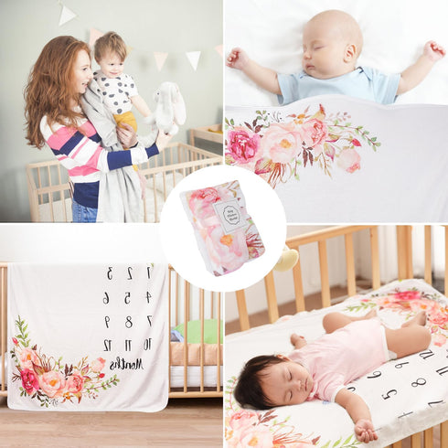 Baby Monthly Milestone Blanket, Soft Floral Memory Blanket, Newborn Growth Chart, 51x40In