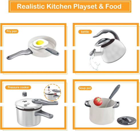 Bruvoalon 32Pcs Kids Play Kitchen Toys Set, Pretend Cooking Accessories with Pots, Pans, and Utensils