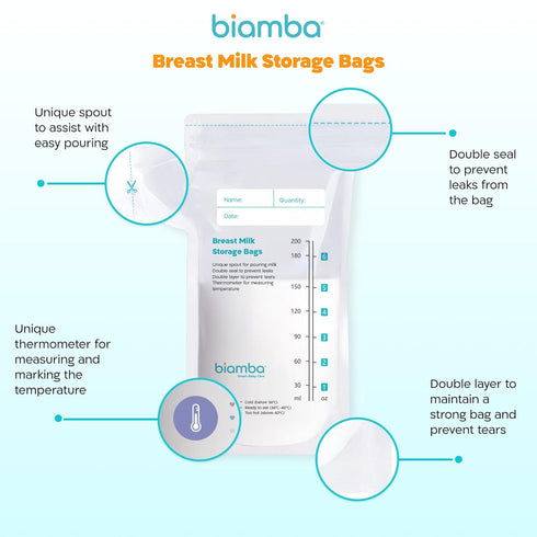 50-Piece 200ml 6.7 Fl.oz Milk Storage Bags Breastmilk by Biamba - Breastmilk Storage Bag Freezer BPA-Free, Double Seal