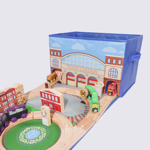 Train Storage Bin and Play Mat - Wooden Railway Take-Along Storage Box with Train Tracks Design - Two in One