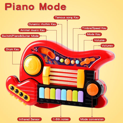 2-in-1 3-5 Kids Guitar-Piano Musical Instrument, Toddler Guitar for Year Old Boys Girls, Adjustable Educational Toy