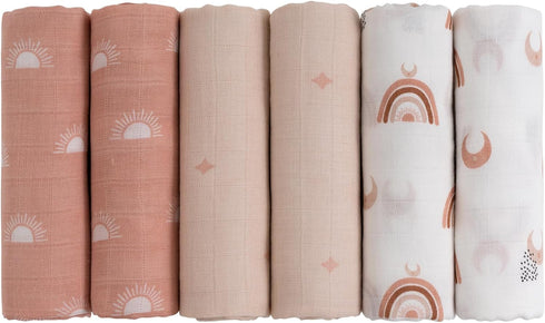 GLLQUEN BABY Receiving Blanket, Cotton Muslin Swaddle Blankets, 6 Pack, Breathable & Soft, Newborn Squares, Sun