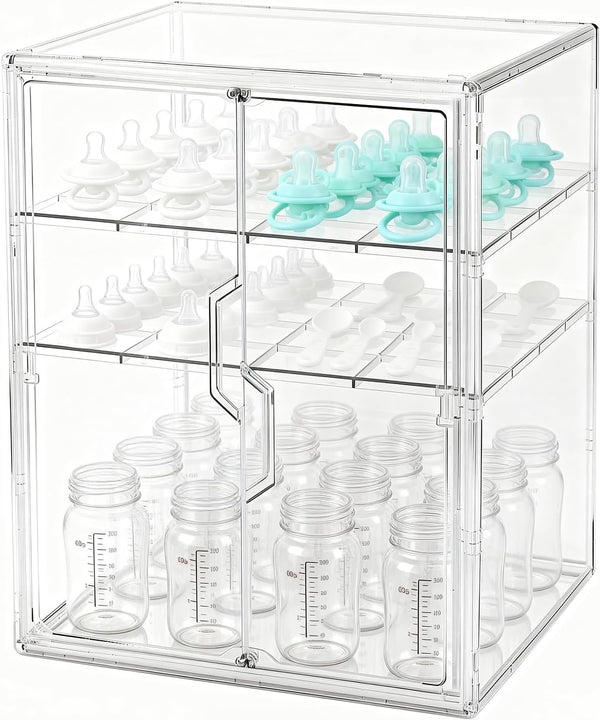 RISICULIS Baby Bottle Organizer, 3-Tier Bottle Storage for Countertop with Double Magnetic Doors,