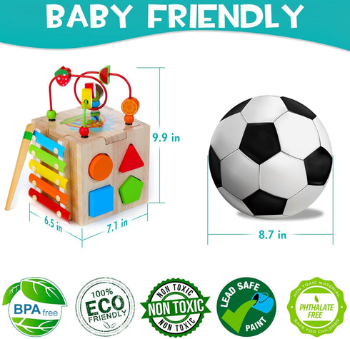 8-in-1 Pack Packaging HELLOWOOD Wooden Activity Cube for Kids, Sorting & Stacking Toys Shape Match Xylophone Montessori