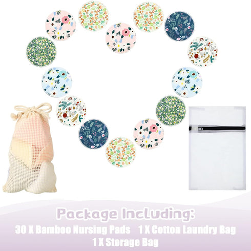 30 Sosation Pcs Reusable Nursing Pads Washable Bamboo Breast Pads with Storage Bag and Cotton Laundry Bag Fresh Floral