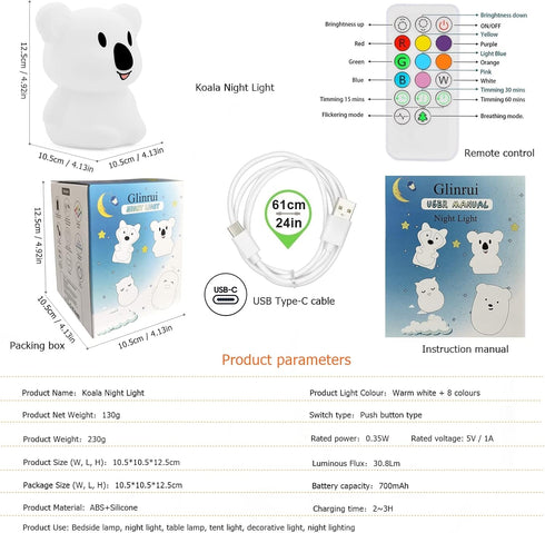Koala Night Light for Kids, Silicone Bedside Bedroom Lighting, Color Changing Baby Nursery Light
