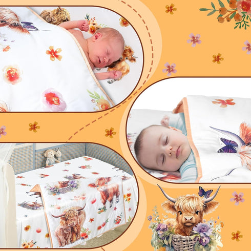 Set Set Sets Mixweer Highland Cow Crib Bedding for Boys Girls Colorful Flower Baby Crib Bedding Mini Cattle Comforter