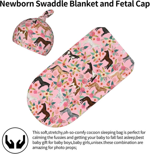 Horse Baby Stuff Gift for Girls Horse Baby Swaddle Blanket Beanie Set, Soft and Stretchy Pink Baby Blanket Newborn Swaddle Sack for Baby Shower by Muitanerkd