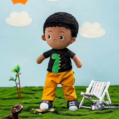OUOZZZ 15" Soft Baby Doll for Boys Girls - First Baby Doll African American Rag Doll Sleeping Cuddle Buddy Doll Dinosaur Plush Toy for Kids