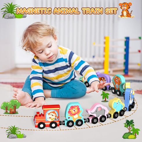 Toys for Toddlers, 11 Magnetic Wooden Animals Train Set, Montessori Toys for Toddlers, Preschool Learning Activities for kids, Birthday Gifts for Boys, Girls