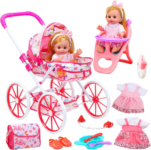 CUTE STONE Baby Doll Playset with Stroller for Girls Pretend Play Baby