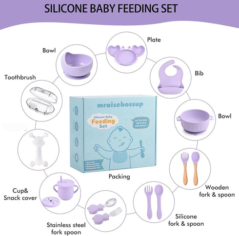 mraisebossup Set 15 Setpurple Silicone Baby Feeding PcsBaby Spoons Suction Bowl Divided Plate Bib Cup Finger Brush