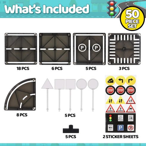 Set 50 3+ Playmags Magnetic Tiles Road - Pcs STEM Educational Construction Toy Car Track, Building Blocks Magnet Toys