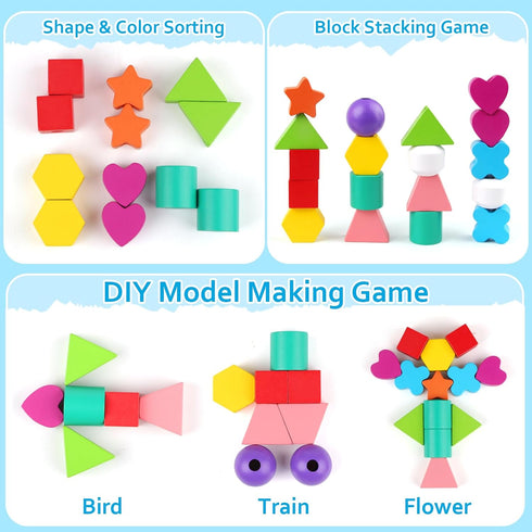Animal Baby Toys for Boys Girls - Cute Wooden Bead Sequencing Set with Rabbit, Bear, Tiger, Pig, Frog for Early Learning