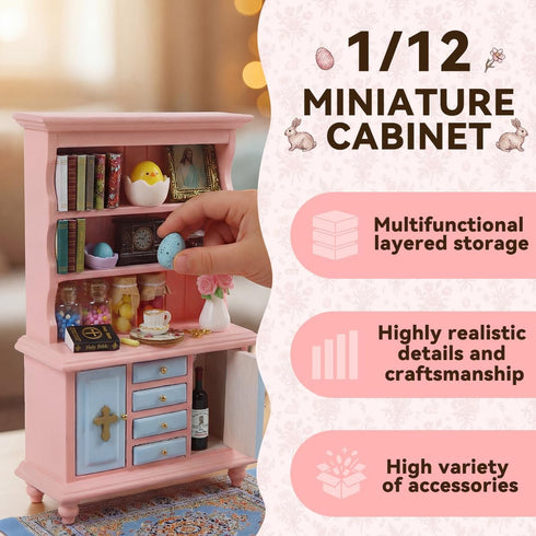 Set 40 1/12 Vintage Springtime Hutch - Pcs Dollhouse Miniatures Scale Accessories, Wooden Bookshelf with Books