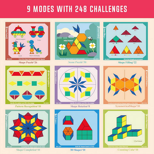 248 Set 4 5 6 7 8, Pcs Wooden Magnetic Pattern Block with Cards, Pen & Storage Bag, Montessori STEM Tangram Puzzle Toys