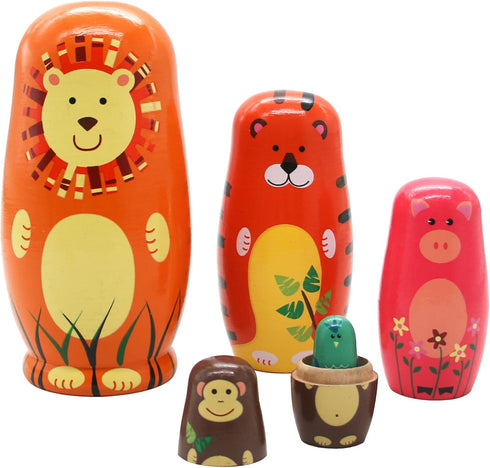 Stacking Wooden Handmade Matryoshka Dolls, 5 Piece Cute Cartoon Animal Pattern, Russian Nesting Dolls for Kids (Orange)